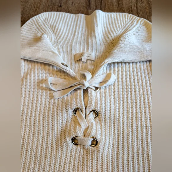 SEZANE Peter Laced Merino Blend Ribbed Flip Collar Jumper in Ecru Size S - Picture 6 of 15